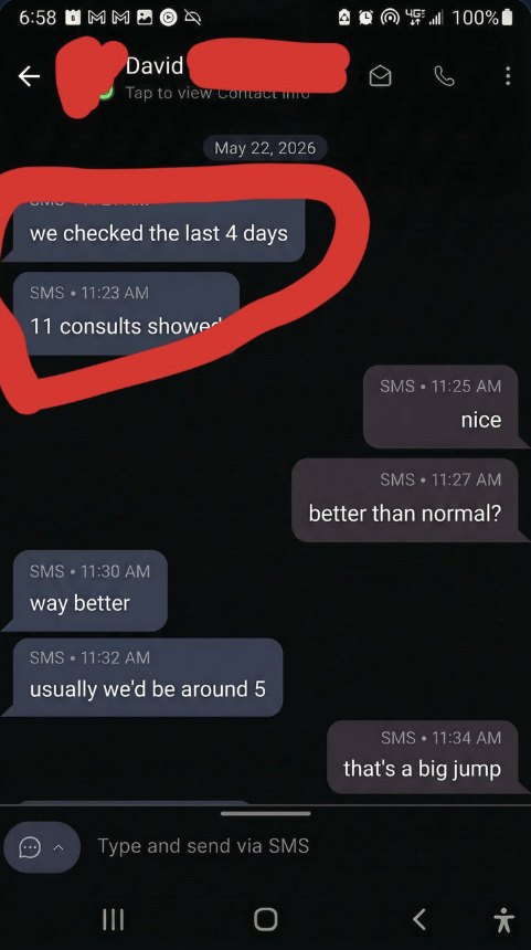 Text from a clinic: 11 consults showed in 4 days