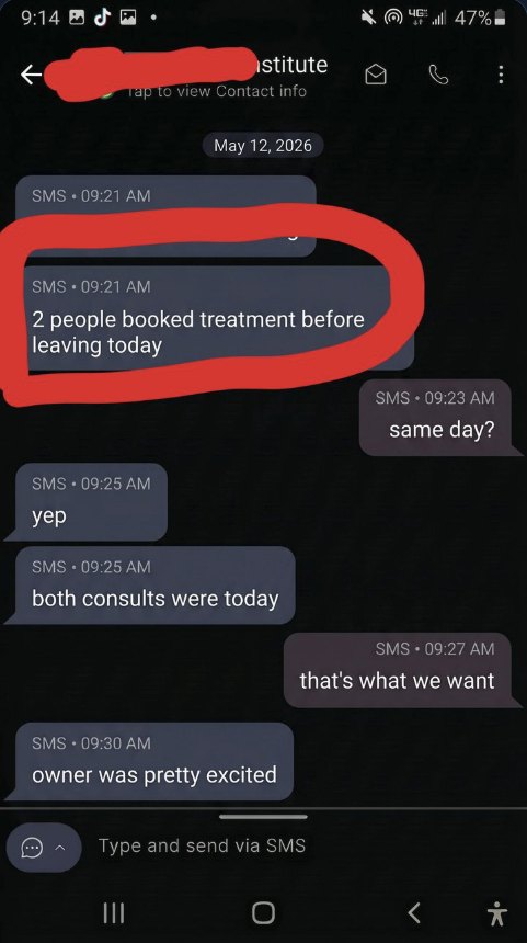 Text from a clinic: two people booked treatment same day