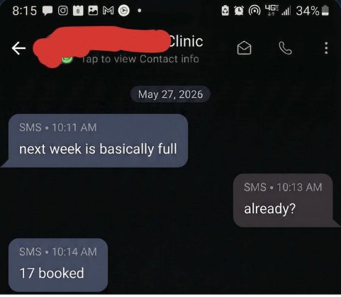 Text from a clinic: 17 booked